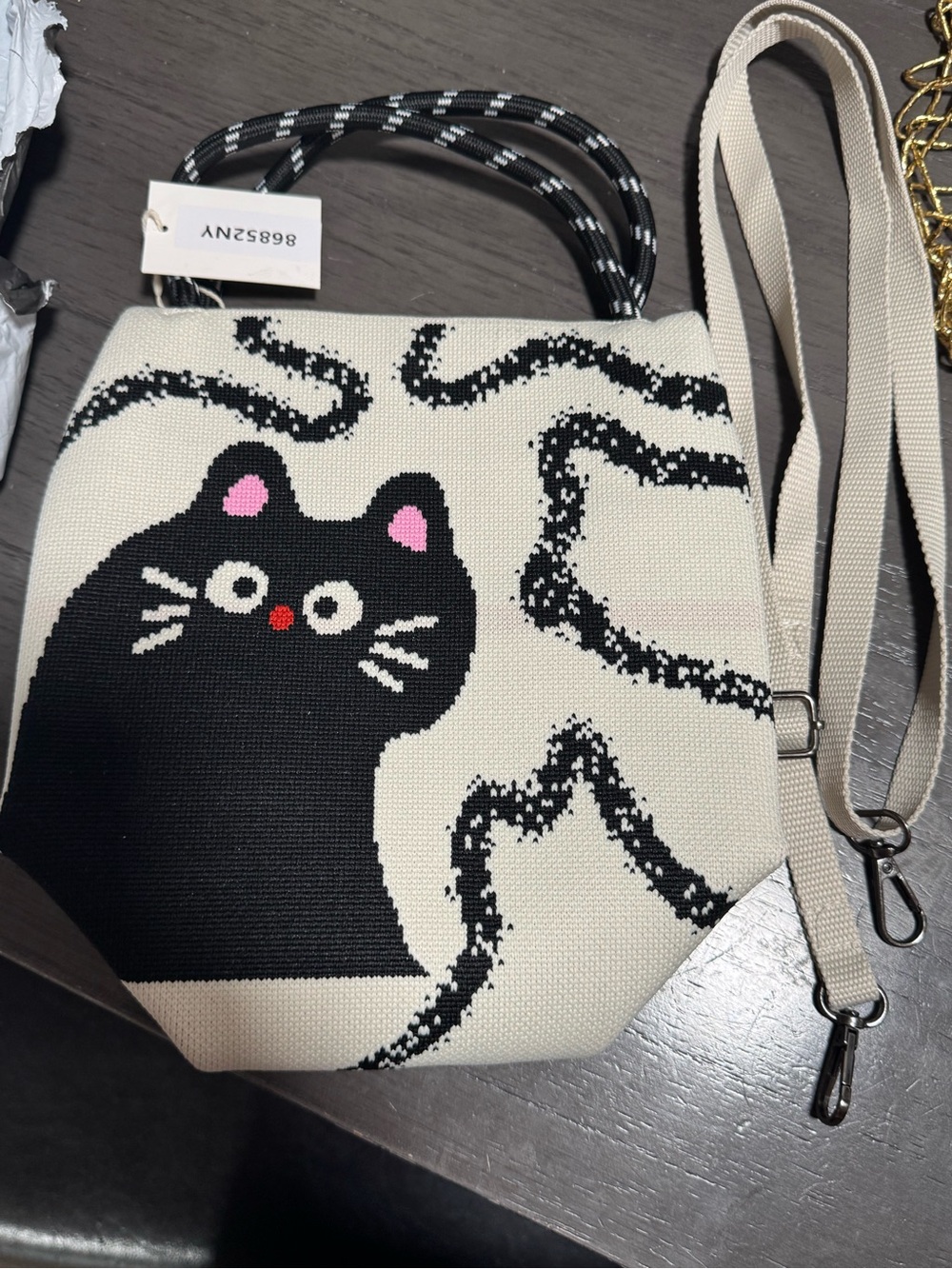 Cream & Black Cat Canvas Crossbody Bag with Pink Accents